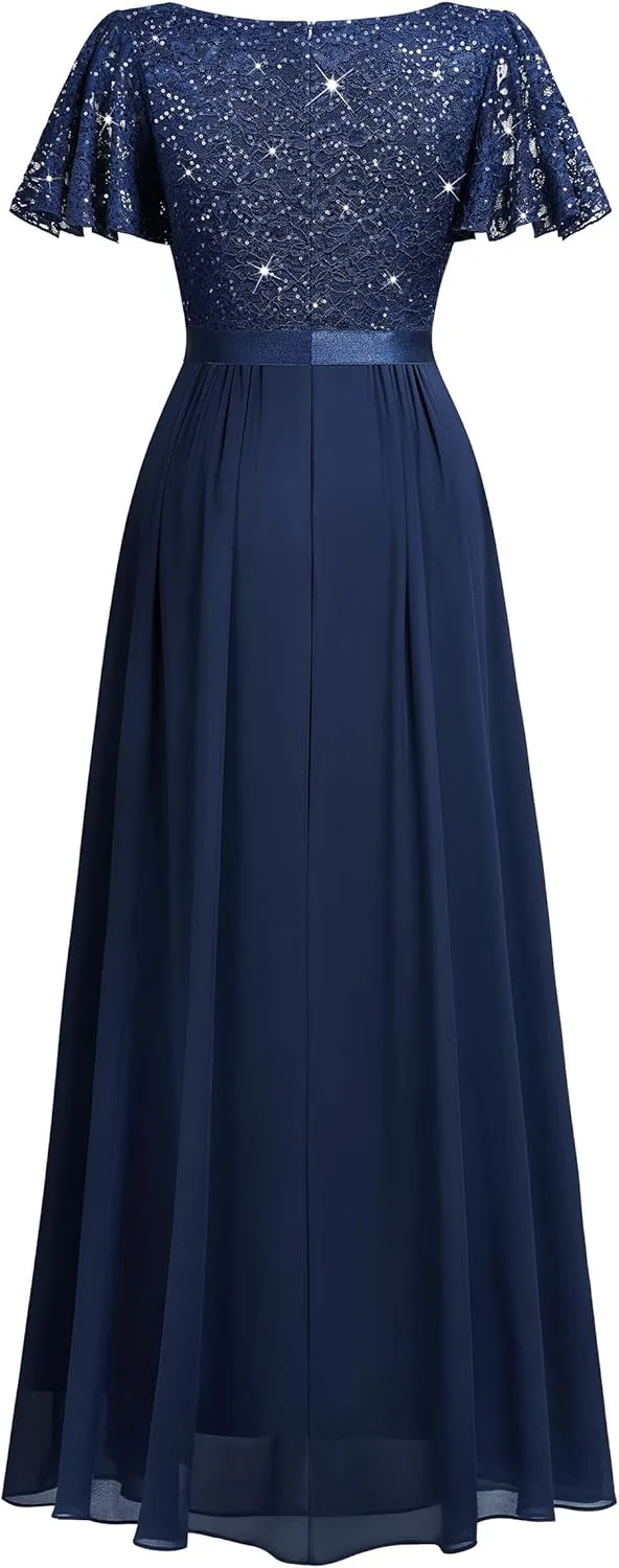 Miusol Women's Retro V-Neck Ruffle Sleeve Sequined Floral Lace Bridesmaid Party Maxi Dress