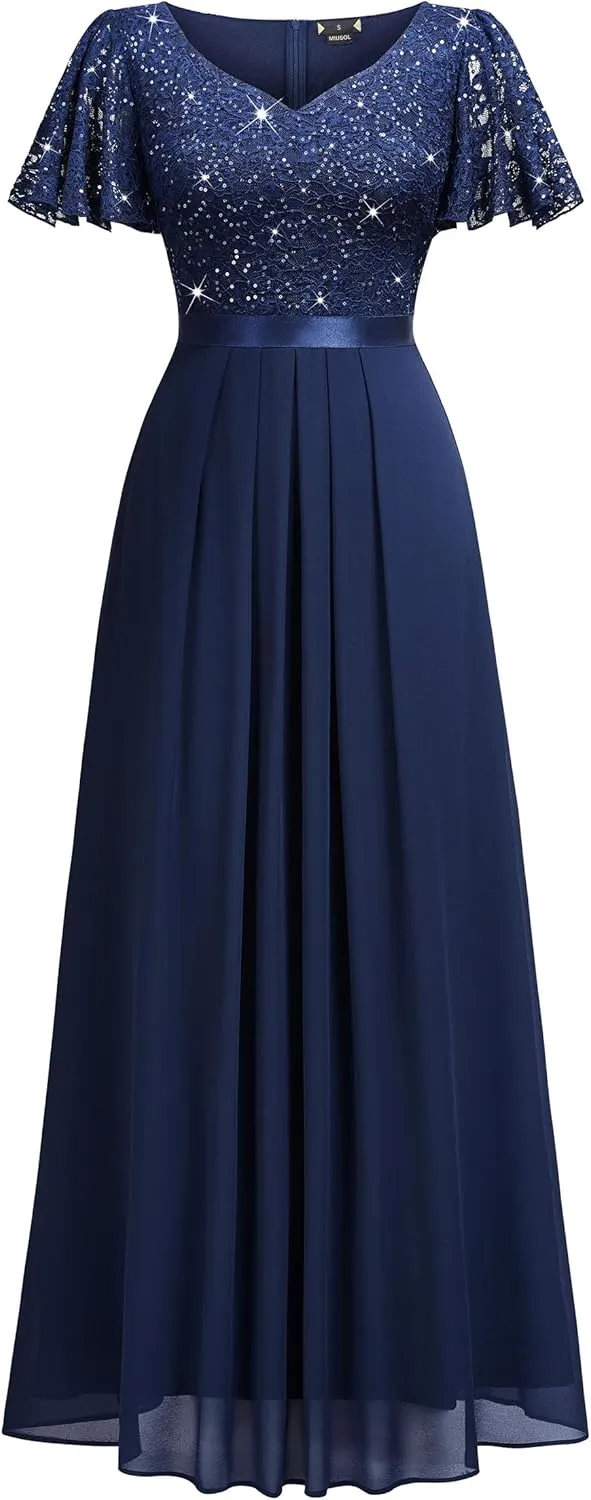 Miusol Women's Retro V-Neck Ruffle Sleeve Sequined Floral Lace Bridesmaid Party Maxi Dress
