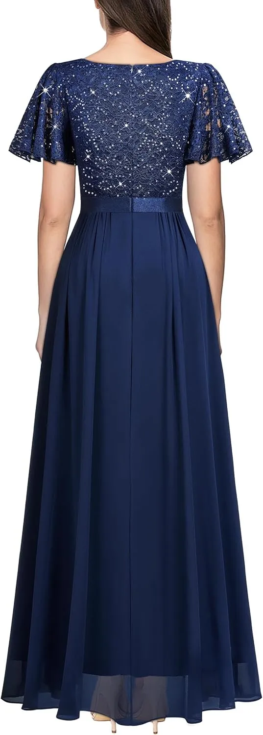 Miusol Women's Retro V-Neck Ruffle Sleeve Sequined Floral Lace Bridesmaid Party Maxi Dress
