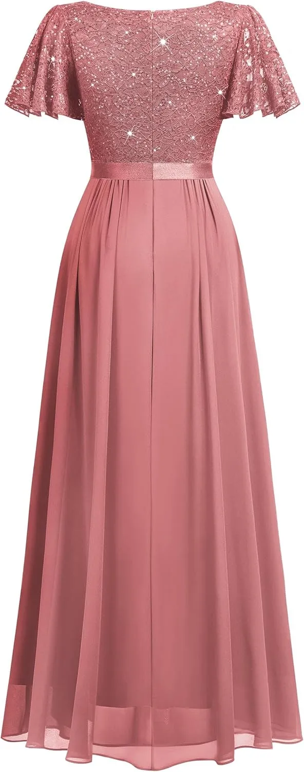 Miusol Women's Retro V-Neck Ruffle Sleeve Sequined Floral Lace Bridesmaid Party Maxi Dress