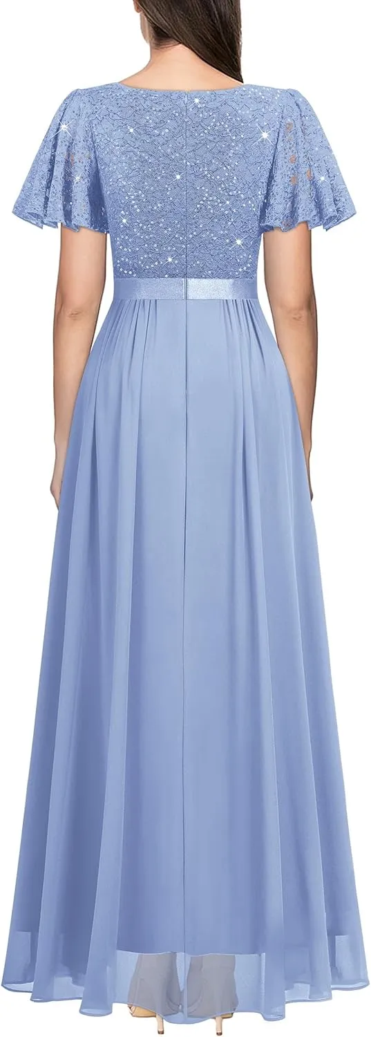 Miusol Women's Retro V-Neck Ruffle Sleeve Sequined Floral Lace Bridesmaid Party Maxi Dress
