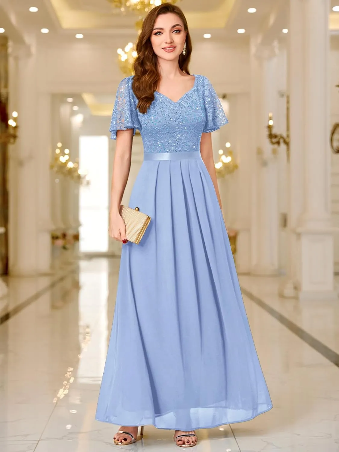 Miusol Women's Retro V-Neck Ruffle Sleeve Sequined Floral Lace Bridesmaid Party Maxi Dress
