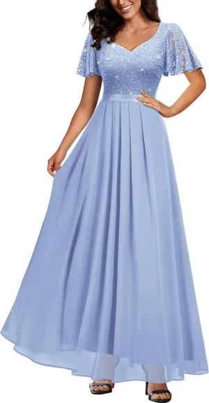 Miusol Women's Retro V-Neck Ruffle Sleeve Sequined Floral Lace Bridesmaid Party Maxi Dress