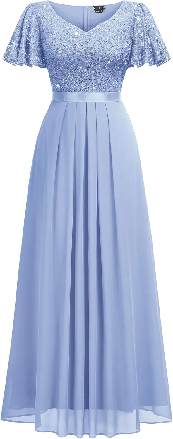 Miusol Women's Retro V-Neck Ruffle Sleeve Sequined Floral Lace Bridesmaid Party Maxi Dress
