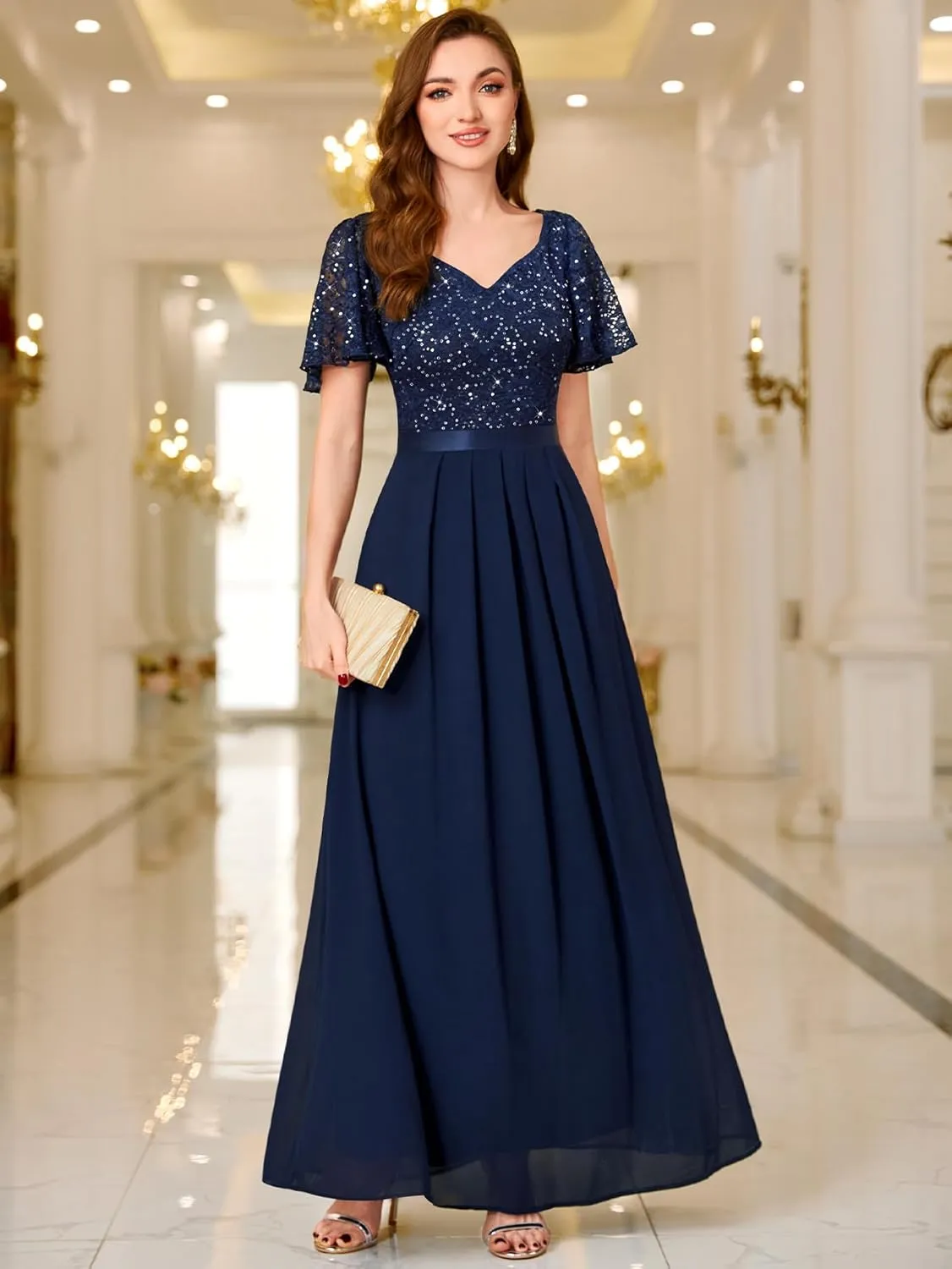 Miusol Women's Retro V-Neck Ruffle Sleeve Sequined Floral Lace Bridesmaid Party Maxi Dress