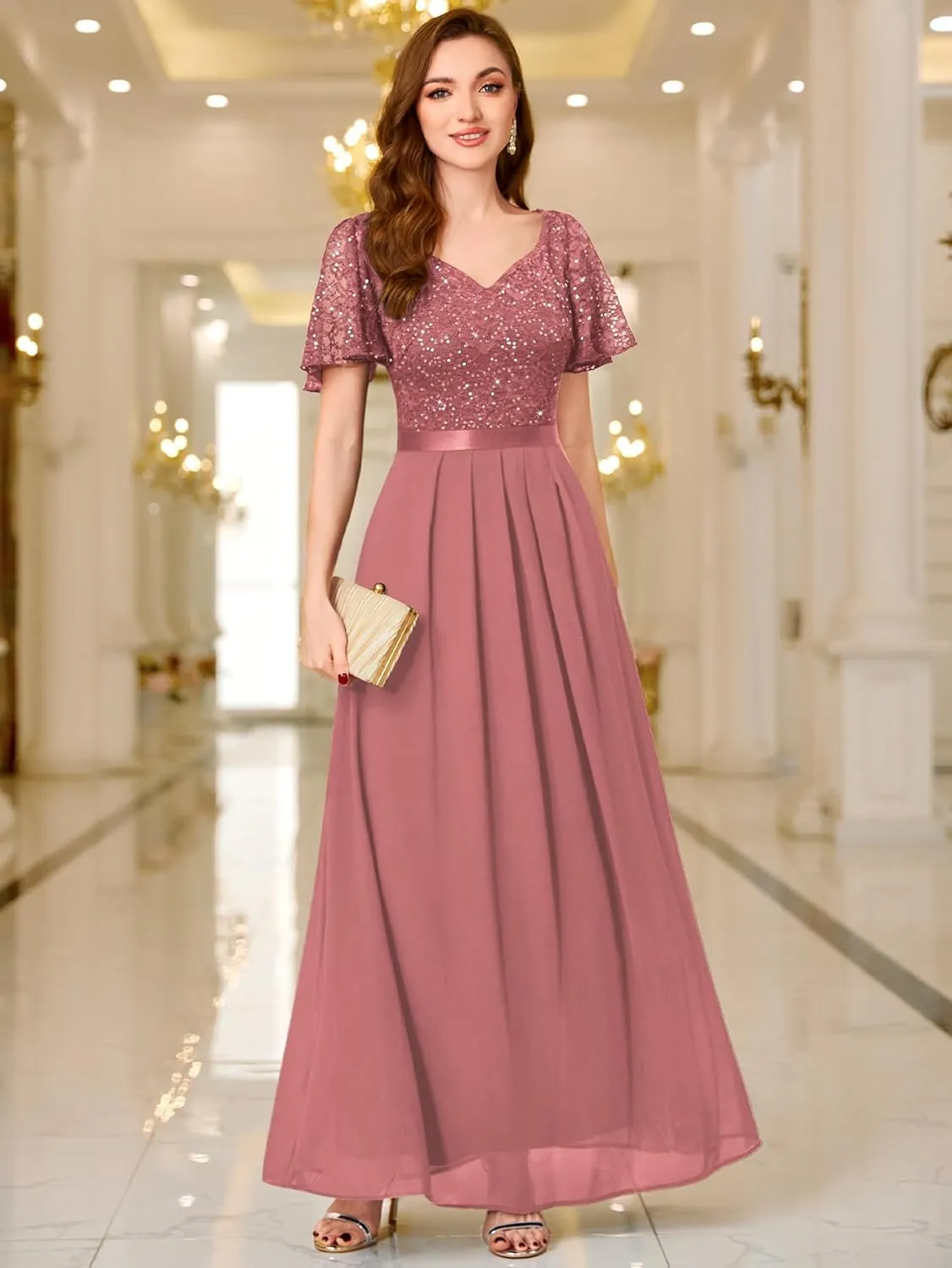 Miusol Women's Retro V-Neck Ruffle Sleeve Sequined Floral Lace Bridesmaid Party Maxi Dress