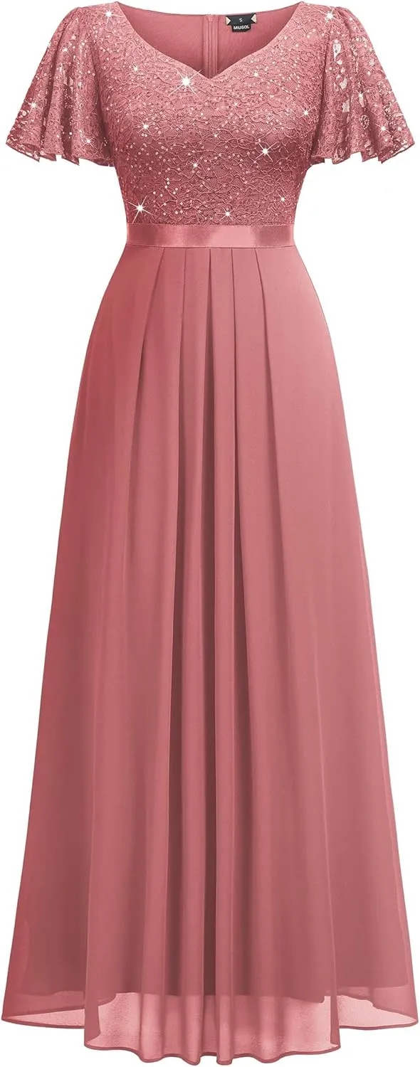 Miusol Women's Retro V-Neck Ruffle Sleeve Sequined Floral Lace Bridesmaid Party Maxi Dress