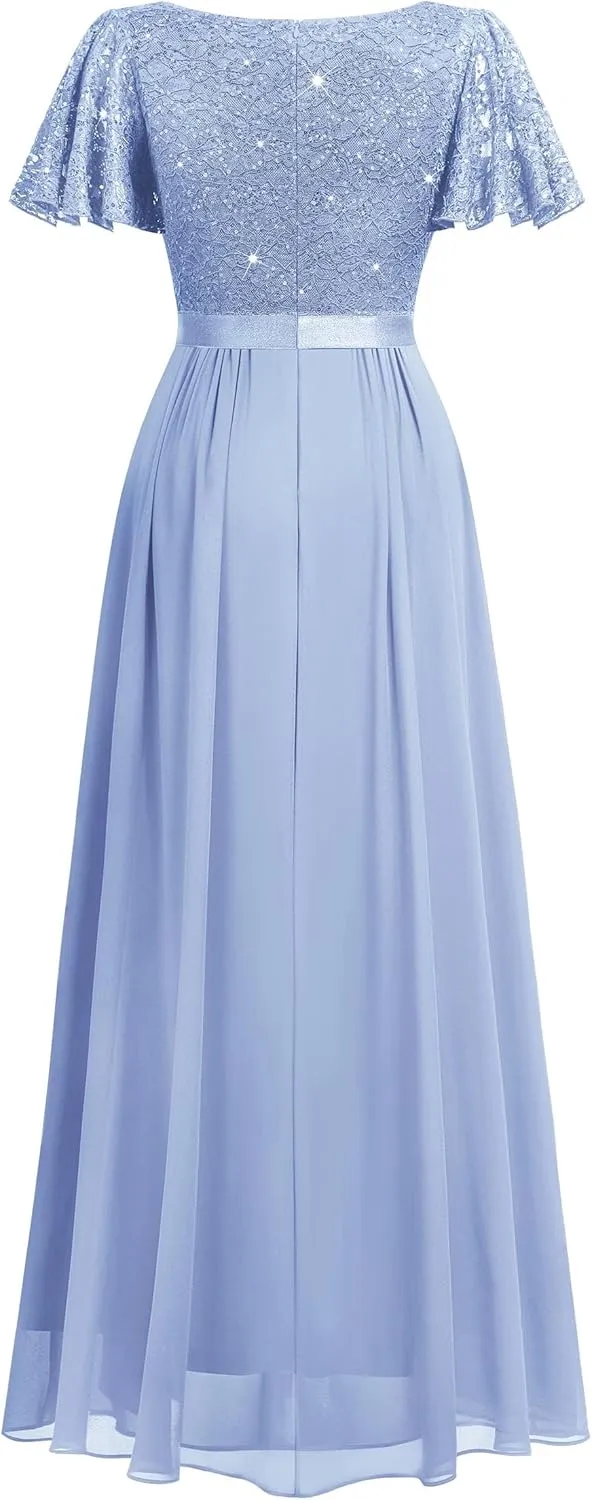 Miusol Women's Retro V-Neck Ruffle Sleeve Sequined Floral Lace Bridesmaid Party Maxi Dress
