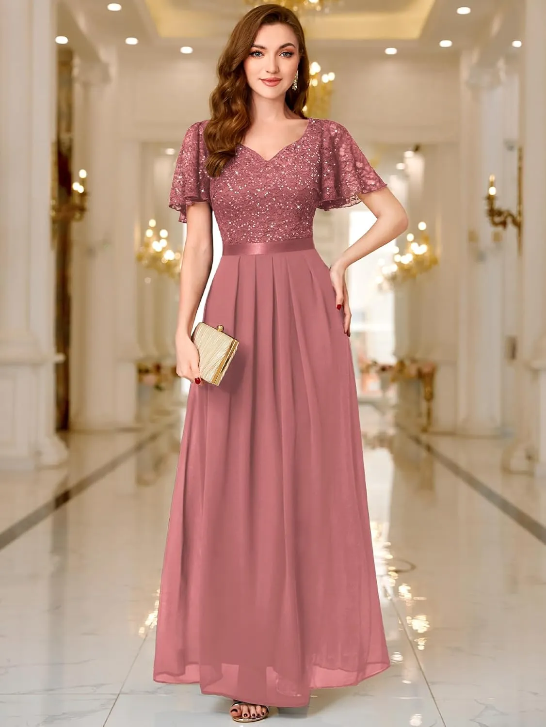 Miusol Women's Retro V-Neck Ruffle Sleeve Sequined Floral Lace Bridesmaid Party Maxi Dress