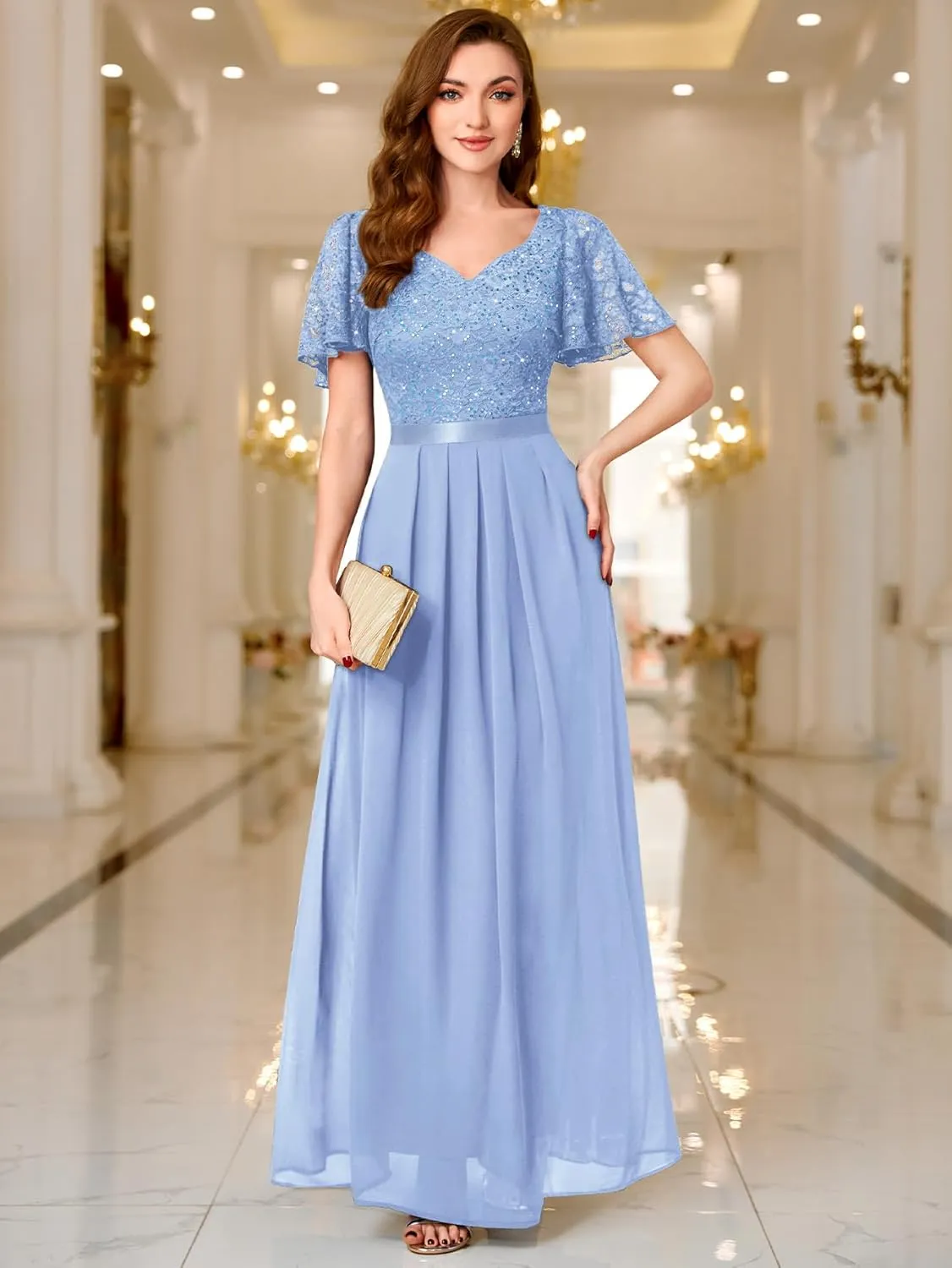 Miusol Women's Retro V-Neck Ruffle Sleeve Sequined Floral Lace Bridesmaid Party Maxi Dress