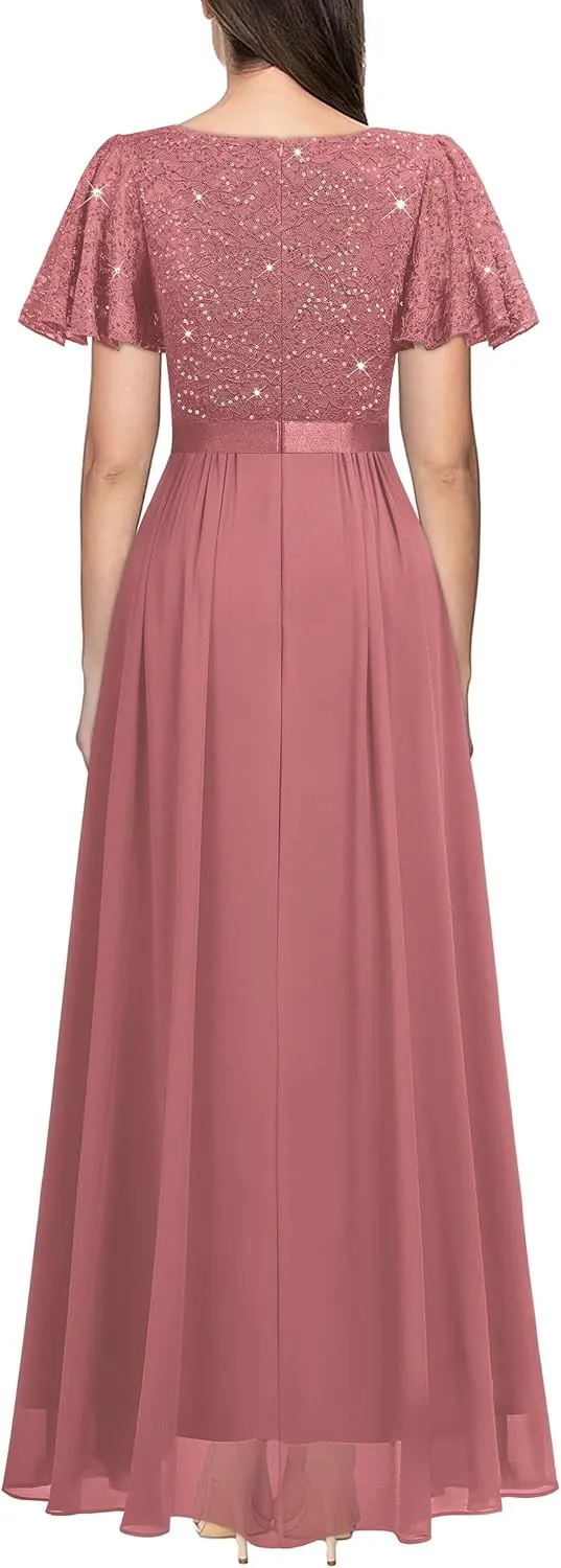 Miusol Women's Retro V-Neck Ruffle Sleeve Sequined Floral Lace Bridesmaid Party Maxi Dress