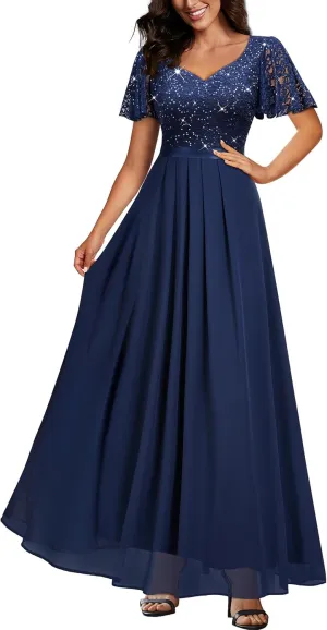 Miusol Women's Retro V-Neck Ruffle Sleeve Sequined Floral Lace Bridesmaid Party Maxi Dress