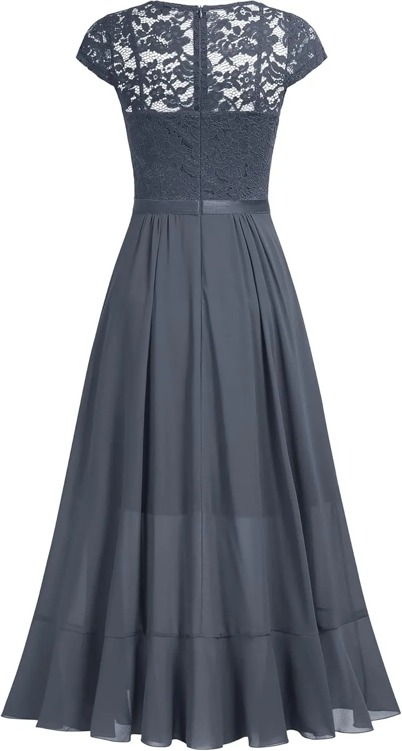 Miusol Women's V Neck Elegant Lace Ruffle Bridesmaid Maxi Dress