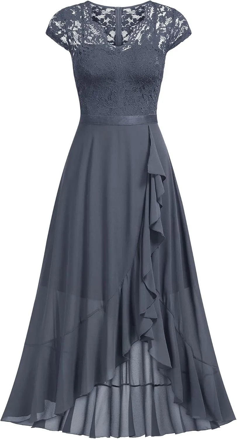 Miusol Women's V Neck Elegant Lace Ruffle Bridesmaid Maxi Dress