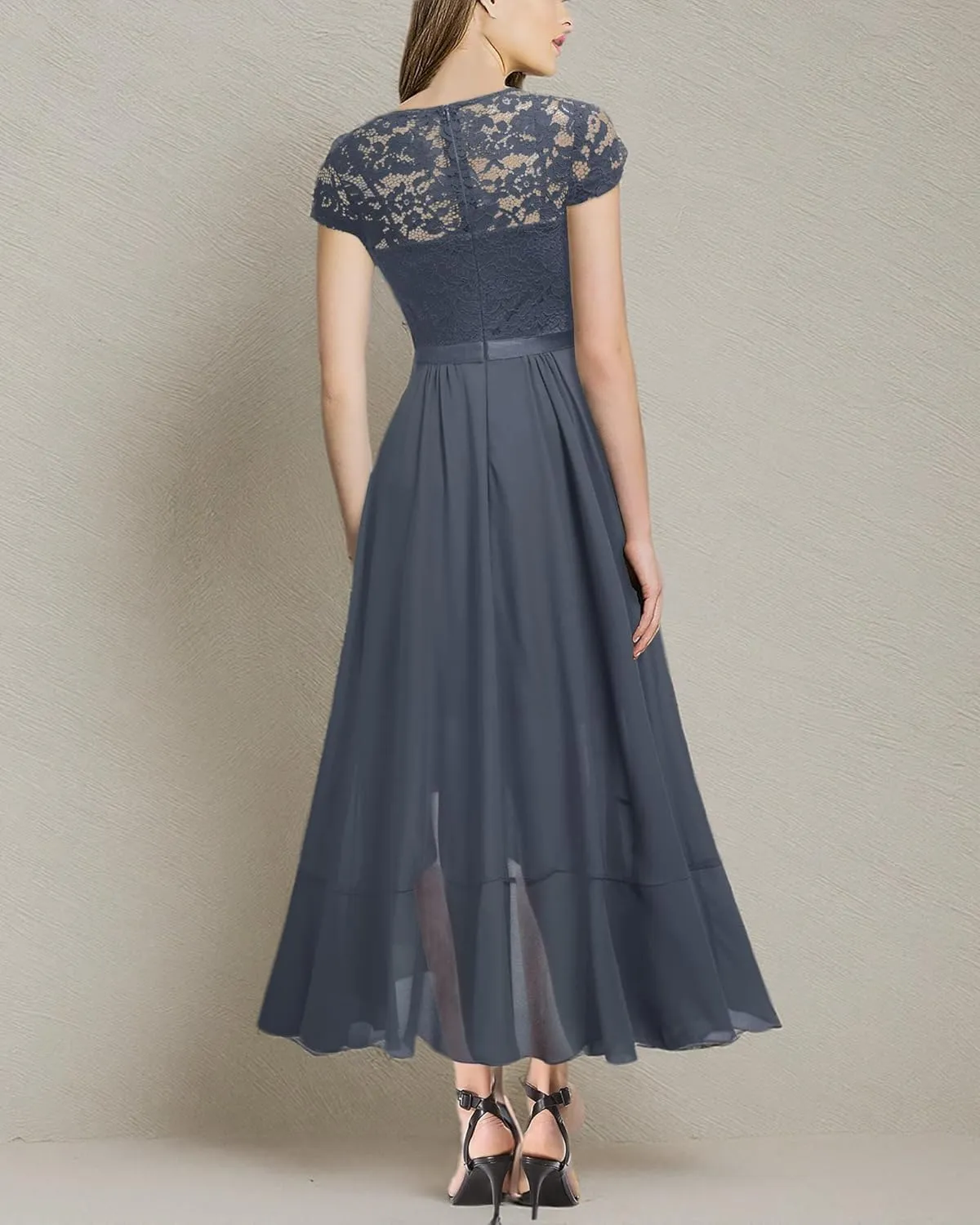 Miusol Women's V Neck Elegant Lace Ruffle Bridesmaid Maxi Dress