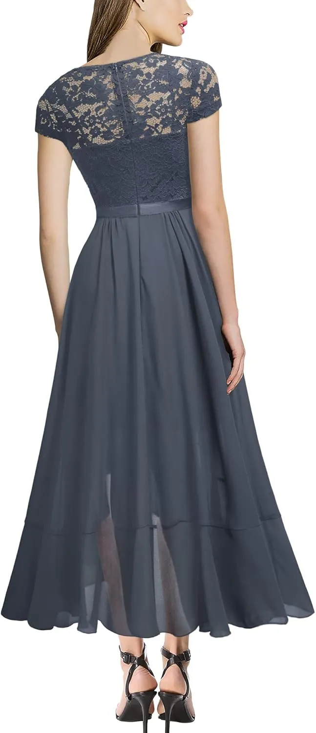 Miusol Women's V Neck Elegant Lace Ruffle Bridesmaid Maxi Dress