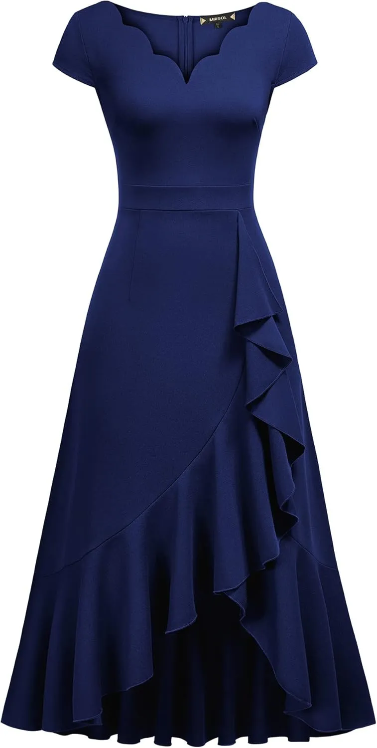Miusol Women's Vintage V Neck Ruffle Split Bridesmaid Party Long Dress