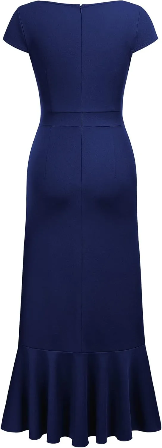 Miusol Women's Vintage V Neck Ruffle Split Bridesmaid Party Long Dress