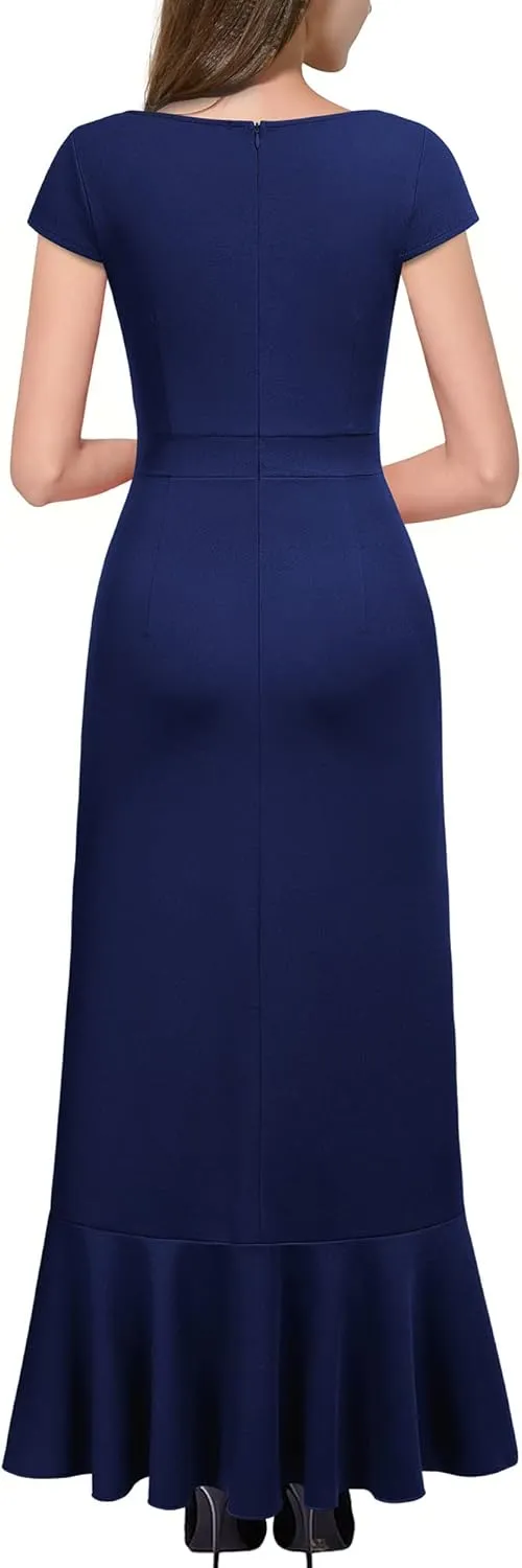 Miusol Women's Vintage V Neck Ruffle Split Bridesmaid Party Long Dress