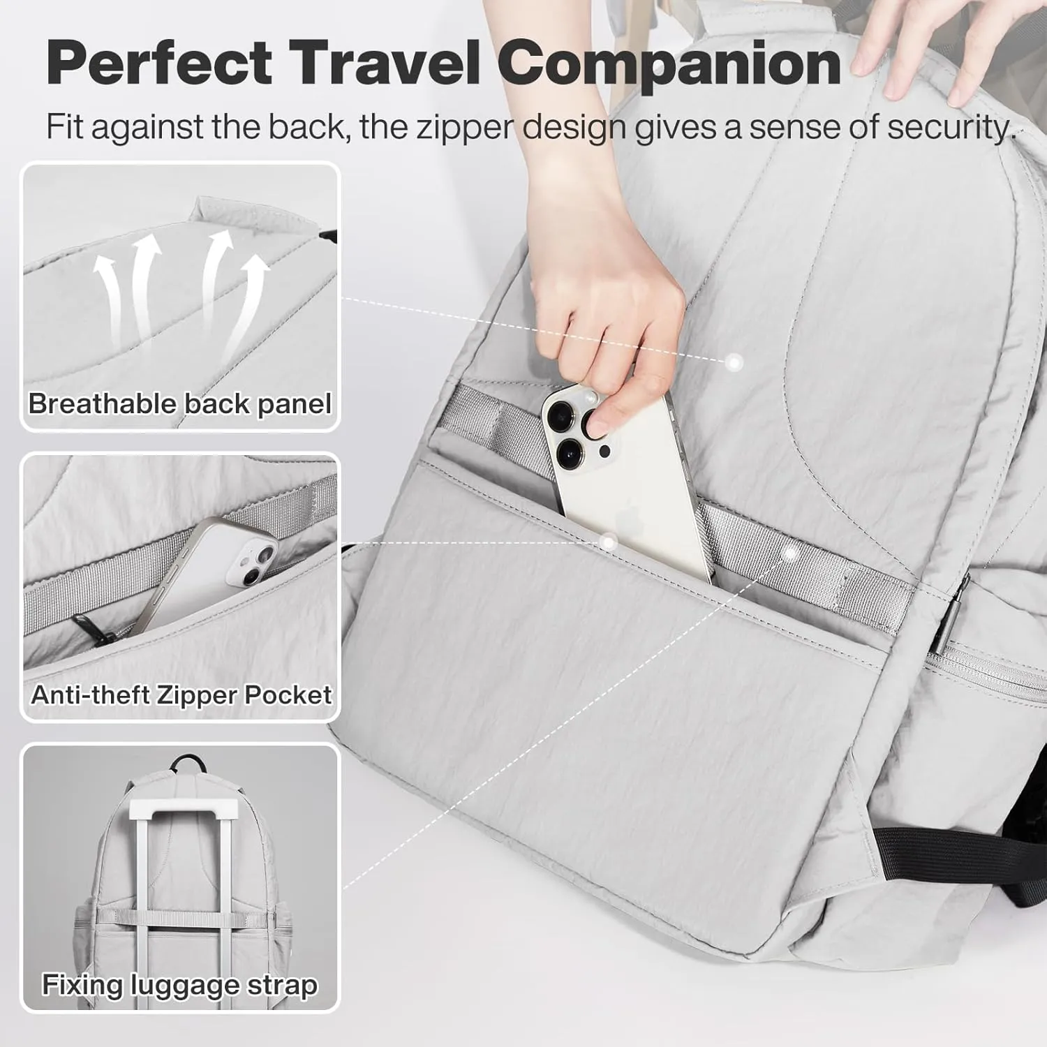 mixi Outdoor Lightweight Backpack Casual Carry On Laptop Backpack Travel Bookbag for Women Men, Water Resistant Durable Hiking Bag for Camping Weekender Sports College Work, 17 Inch, Light Gray