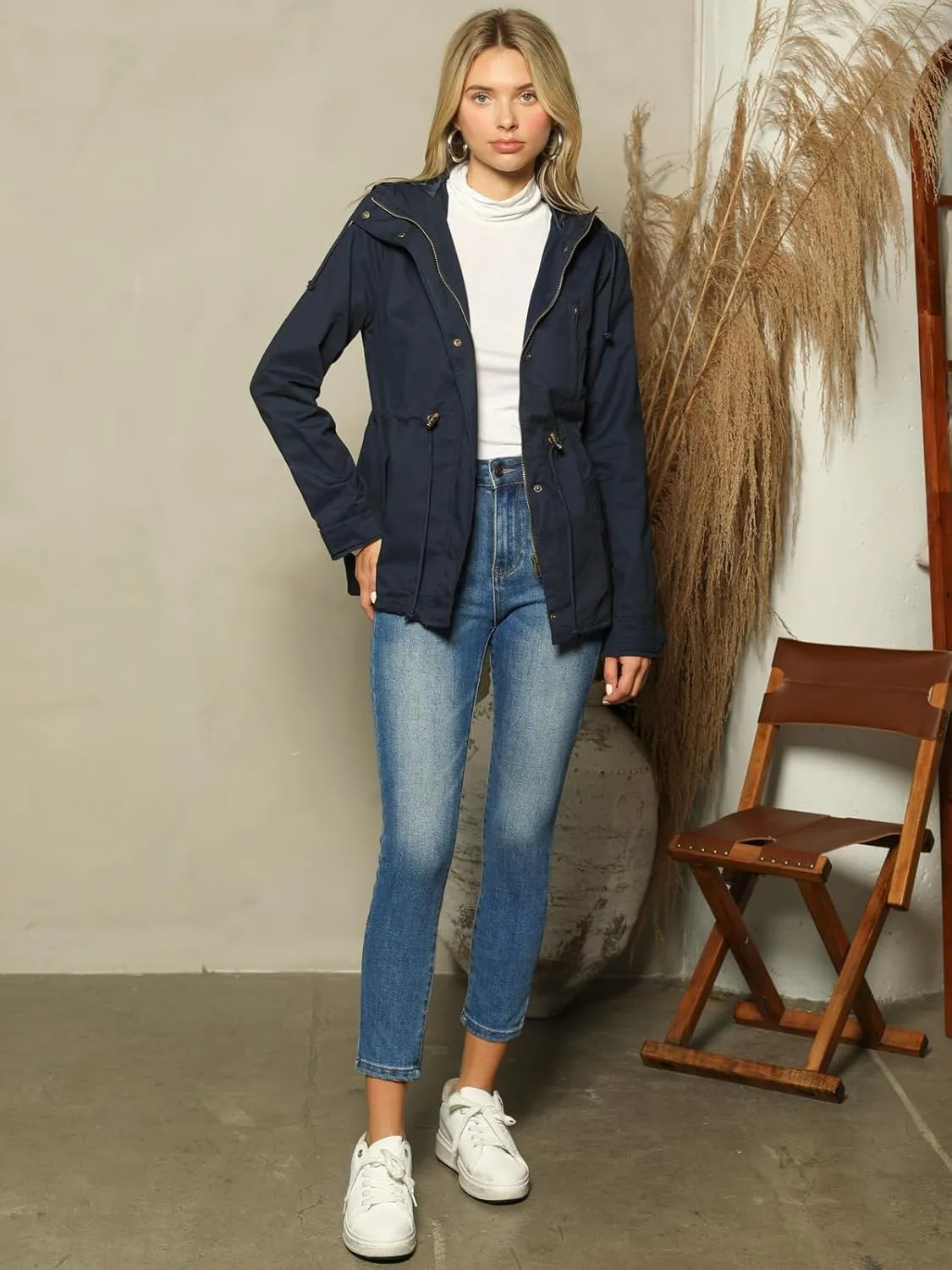 MixMatchy Women's Basic Military Anorak Jacket Zip Up Snap button Hooded Parka Safari Utility Coat with Pocket