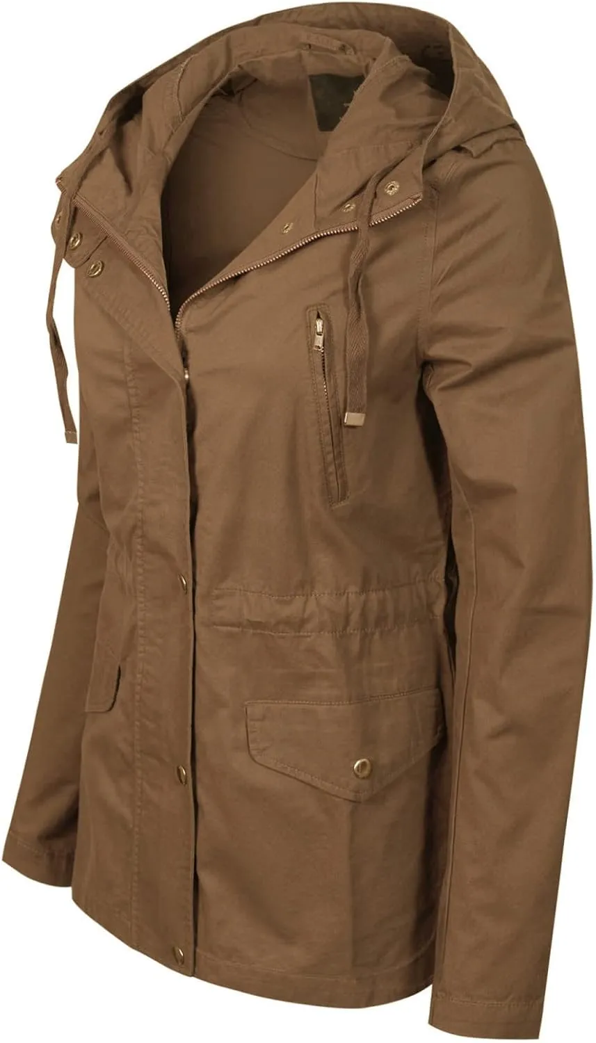 MixMatchy Women's Basic Military Anorak Jacket Zip Up Snap button Hooded Parka Safari Utility Coat with Pocket