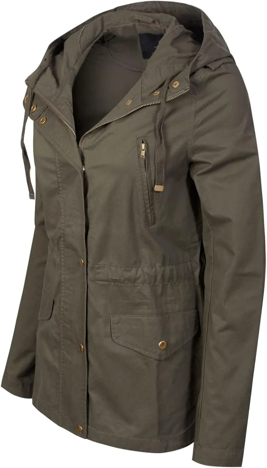 MixMatchy Women's Basic Military Anorak Jacket Zip Up Snap button Hooded Parka Safari Utility Coat with Pocket