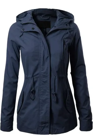 MixMatchy Women's Basic Military Anorak Jacket Zip Up Snap button Hooded Parka Safari Utility Coat with Pocket