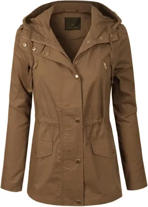MixMatchy Women's Basic Military Anorak Jacket Zip Up Snap button Hooded Parka Safari Utility Coat with Pocket