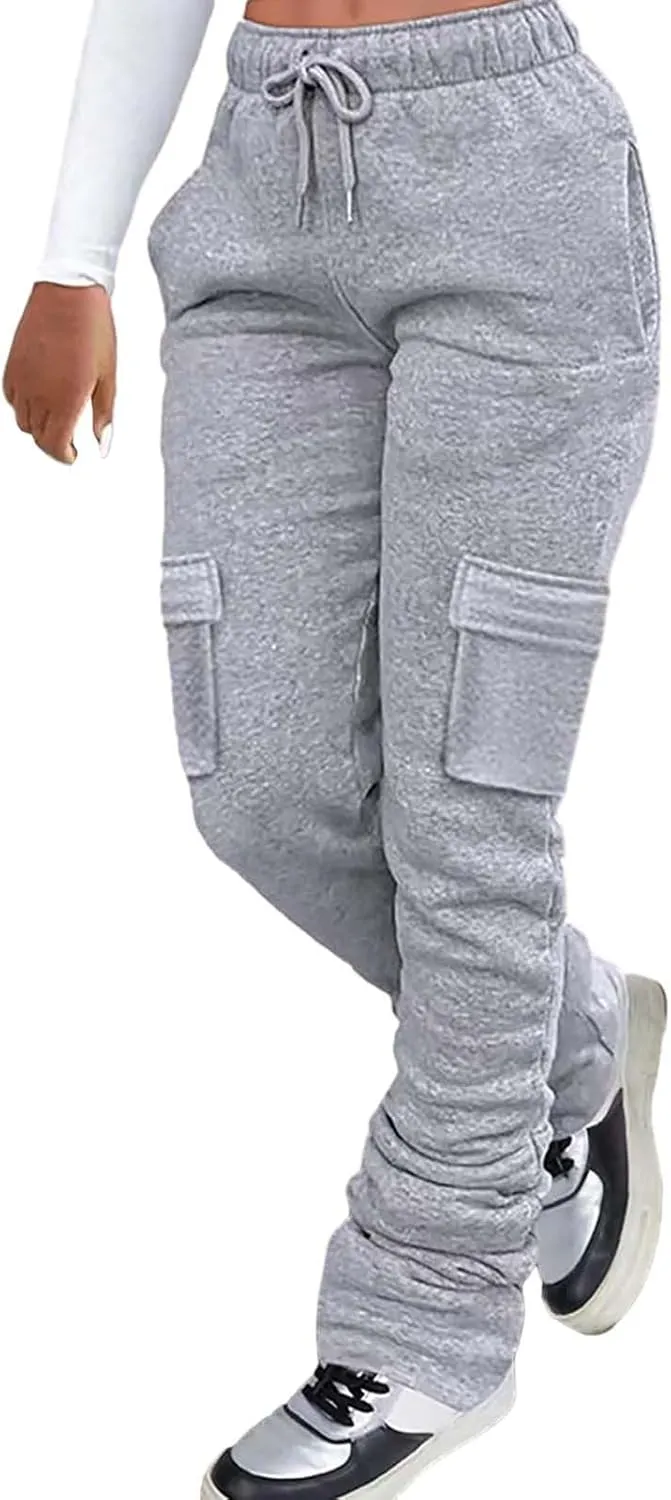 Miyaomn Y2K Stacked Cargo Trackpants for Women Casual Solid Drawstring Waist Open Bottom Joggers Streetwear with Flap Pockets