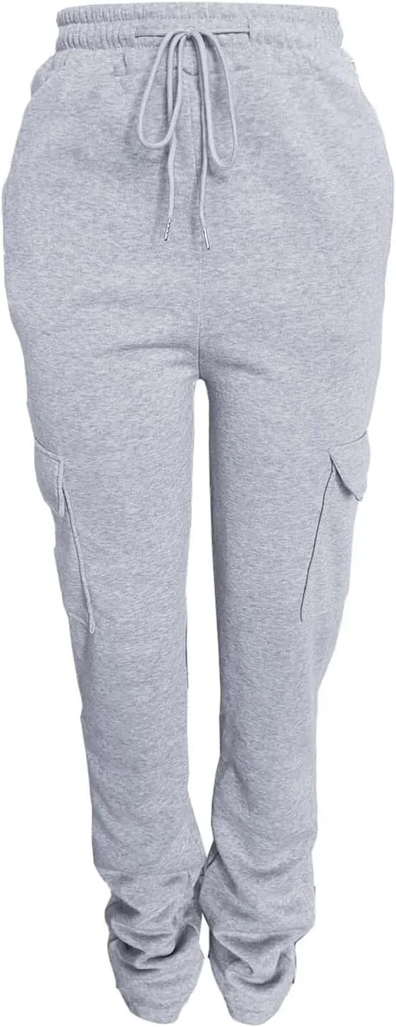 Miyaomn Y2K Stacked Cargo Trackpants for Women Casual Solid Drawstring Waist Open Bottom Joggers Streetwear with Flap Pockets