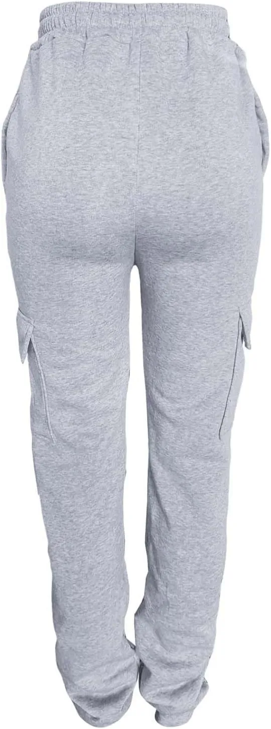 Miyaomn Y2K Stacked Cargo Trackpants for Women Casual Solid Drawstring Waist Open Bottom Joggers Streetwear with Flap Pockets