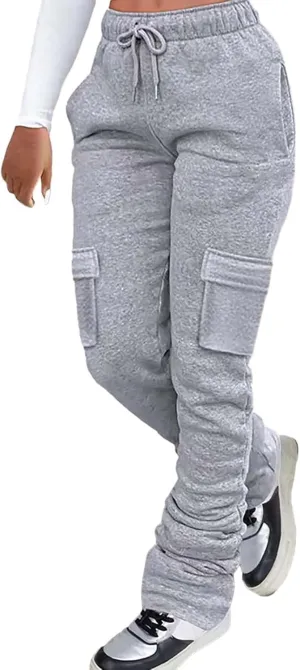 Miyaomn Y2K Stacked Cargo Trackpants for Women Casual Solid Drawstring Waist Open Bottom Joggers Streetwear with Flap Pockets