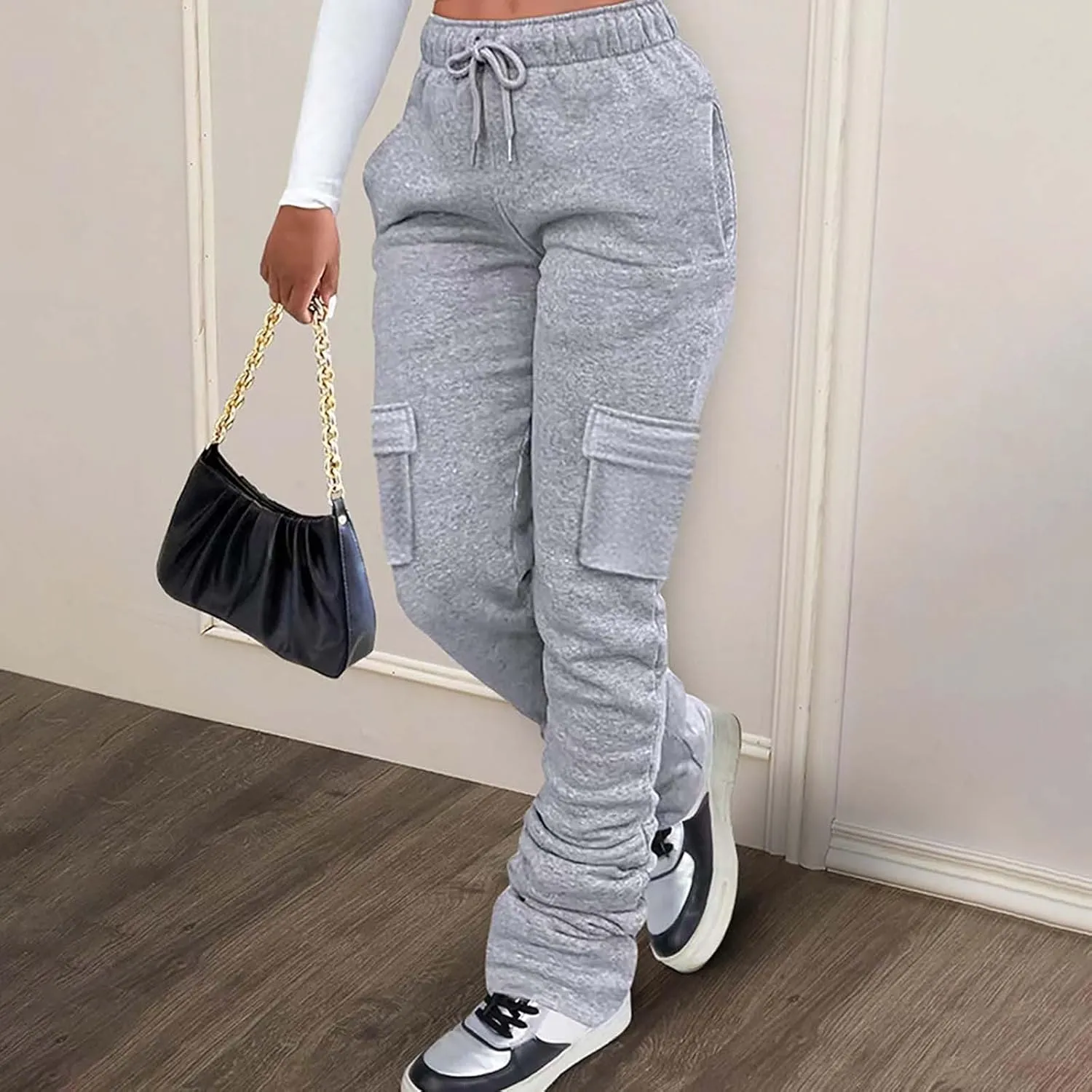 Miyaomn Y2K Stacked Cargo Trackpants for Women Casual Solid Drawstring Waist Open Bottom Joggers Streetwear with Flap Pockets