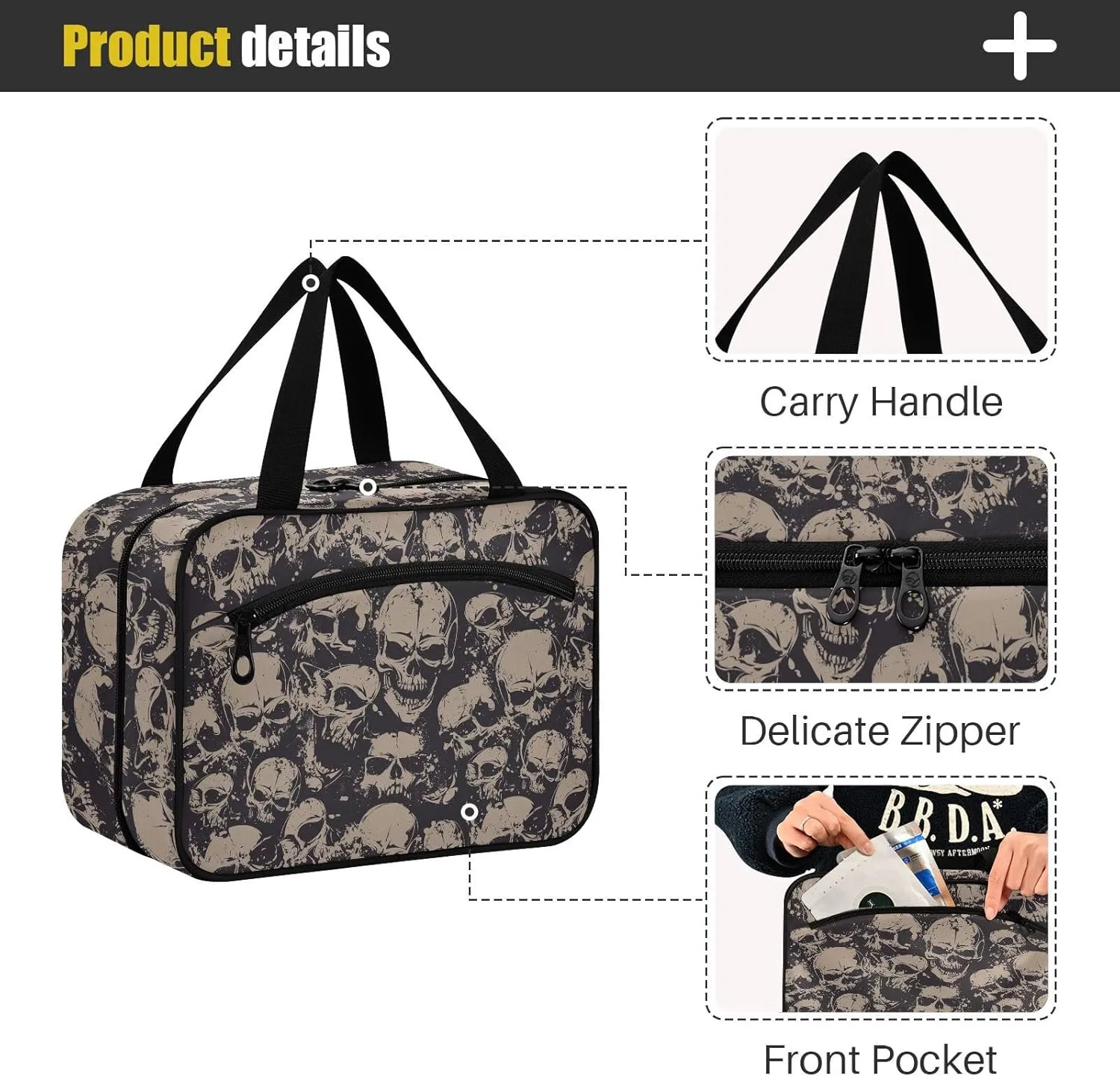 MNSRUU Hanging Toiletry Bags for Women Travel, Gothic Grunge Skulls Toiletry Organizer Portable Travel Toiletry Bags Clear Wash Bags Makeup Bag Cosmetic Bag