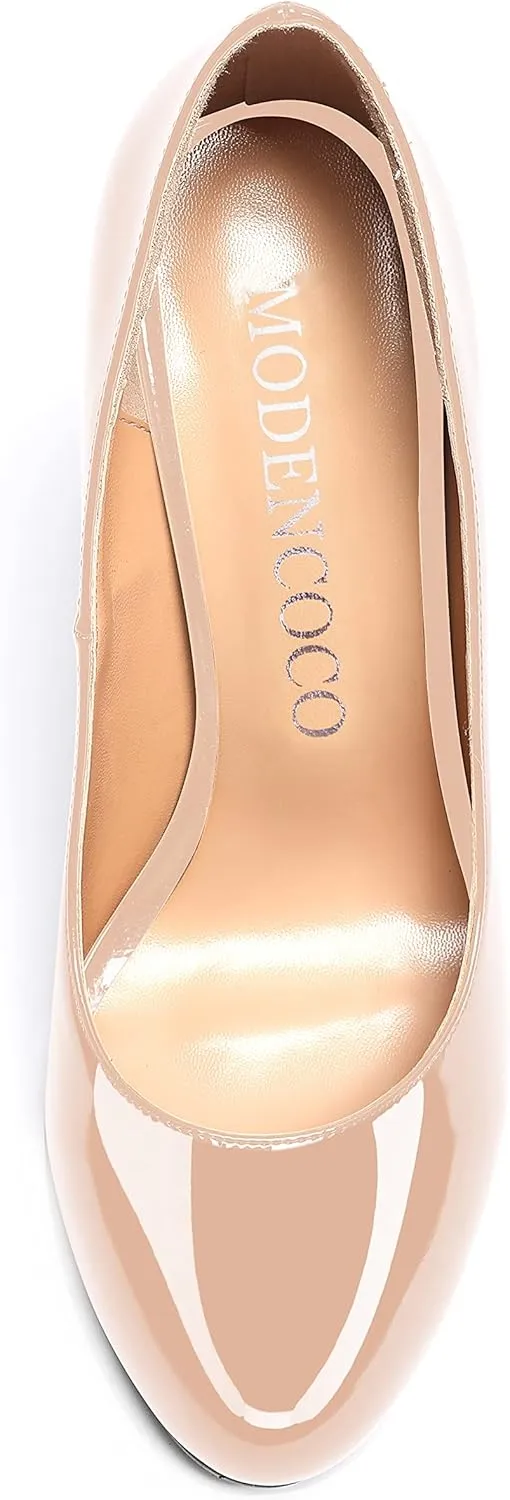 MODENCOCO Women's Patent Leather Round Toe Solid Slip On Chunky Low Heel Pumps Wedding Evening Dress Shoes 2 Inch