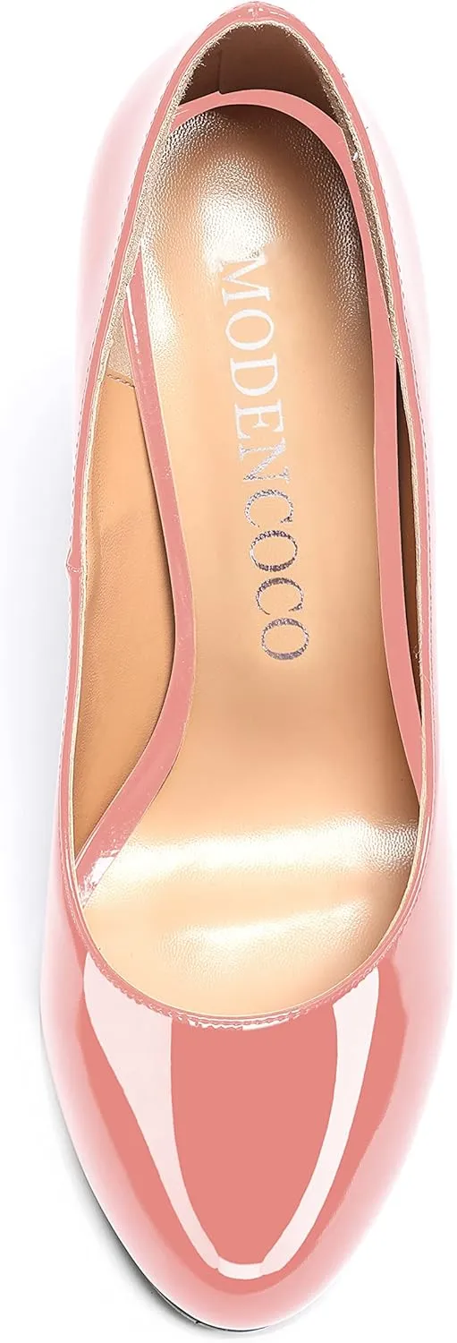 MODENCOCO Women's Patent Leather Round Toe Solid Slip On Chunky Low Heel Pumps Wedding Evening Dress Shoes 2 Inch