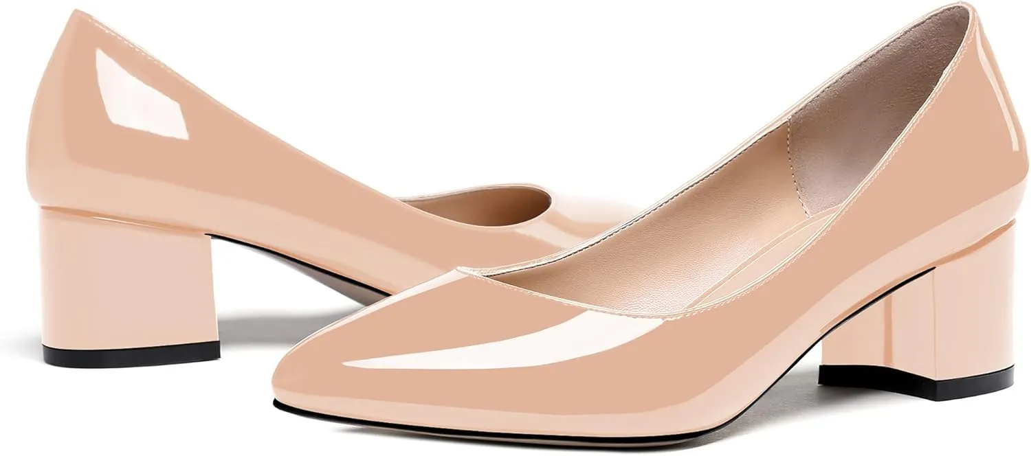 MODENCOCO Women's Patent Leather Round Toe Solid Slip On Chunky Low Heel Pumps Wedding Evening Dress Shoes 2 Inch