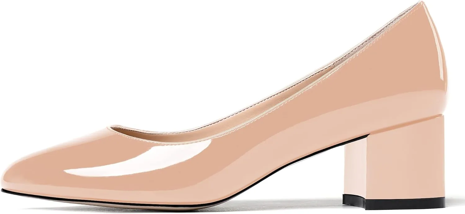 MODENCOCO Women's Patent Leather Round Toe Solid Slip On Chunky Low Heel Pumps Wedding Evening Dress Shoes 2 Inch