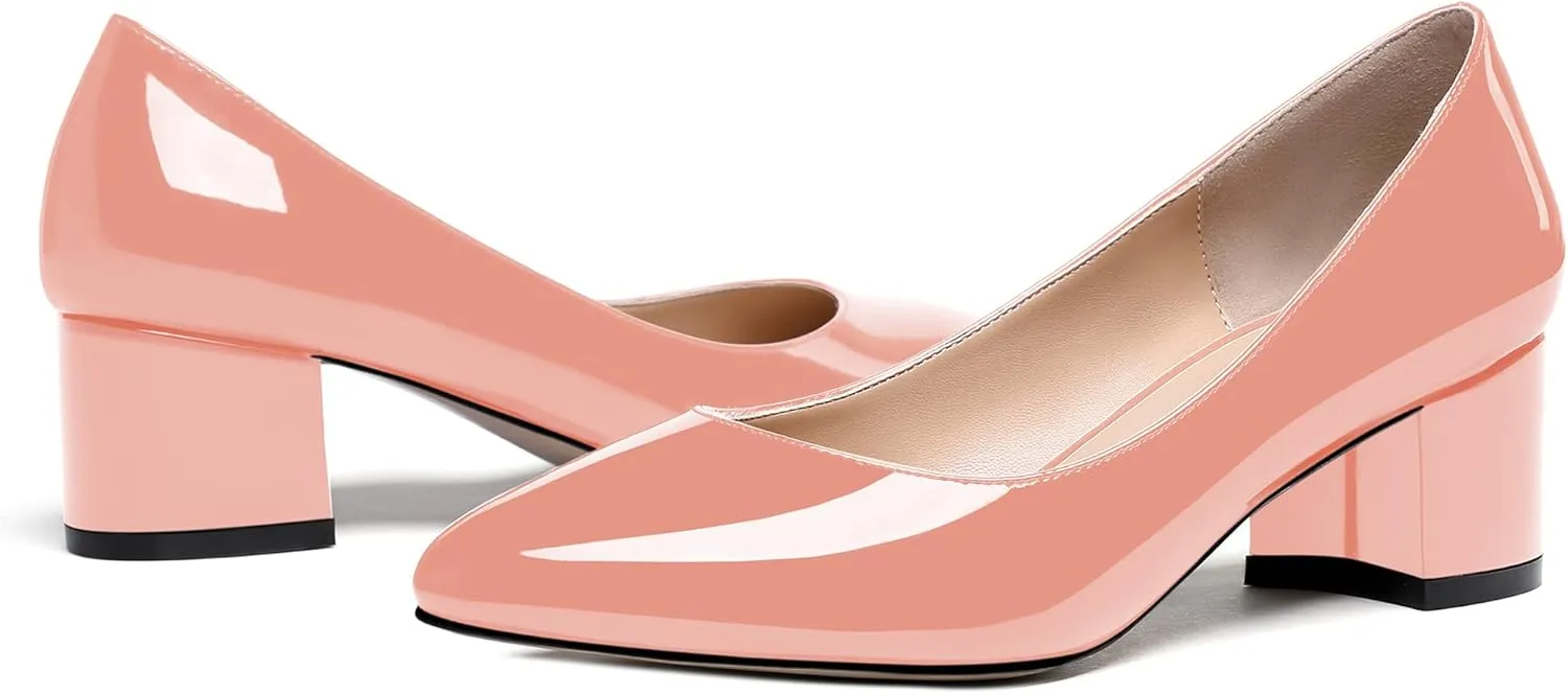 MODENCOCO Women's Patent Leather Round Toe Solid Slip On Chunky Low Heel Pumps Wedding Evening Dress Shoes 2 Inch