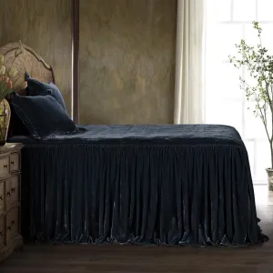 Modern Rustic 2 Piece Ultra Soft Silky Touch Ruffle Skirt Faux Silk Velvet Bedspread Twin Size | All Seasons Romantic Bedding Pretty Midnight Navy Blue Color Warm Cozy Elegant Aesthetics Look