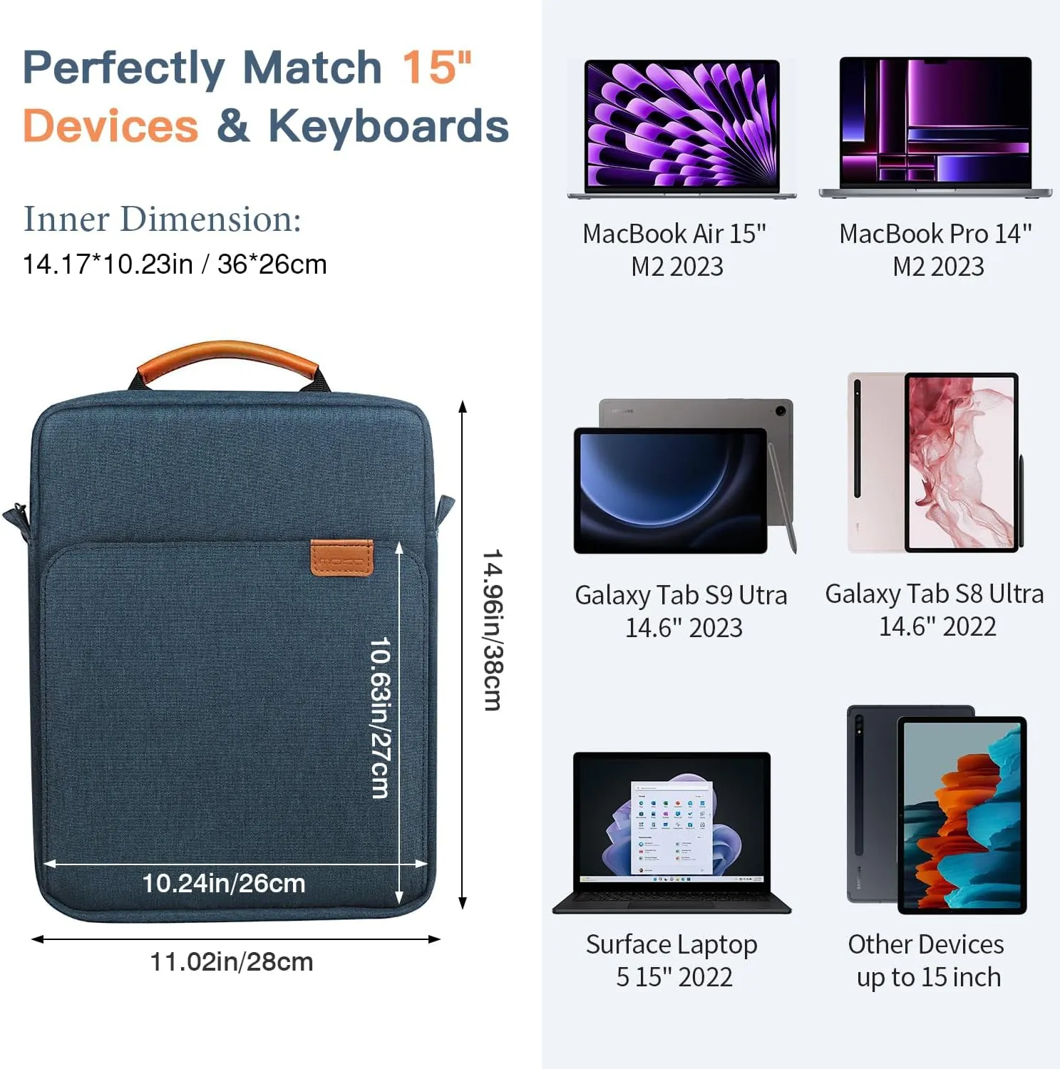 MoKo 15 Inch Laptop Sleeve Bag Fits MacBook Air 15" M2 2023, MacBook Pro 14" M2 2023, Galaxy Tab S9 Utra 14.6" 2023, Handle Carrying Case with Shoulder Strap, Indigo