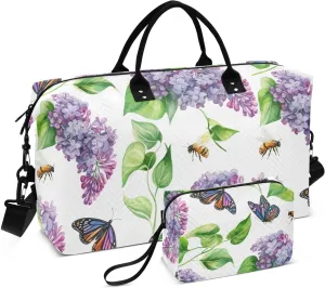 Monarch Lilacs Bee White Sports Gym Bag for Women Men Travel Duffel Bag Weekend Overnight Carry on Bag with Toiletry Bag Training Handbag for Swimming Yoga Workout Plane Hospital