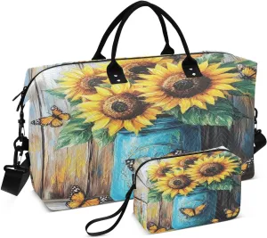 Monarch Sunflowers Mason Jar Sports Gym Bag for Women Men Travel Duffel Bag Weekend Overnight Carry on Bag with Toiletry Bag Yoga Bag for Plane Hospital Swimming Yoga Workout