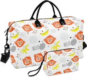 Monkey Banana Dots White Sports Gym Bag for Women Men Travel Duffel Bag Weekend Overnight Carry on Bag with Toiletry Bag Training Handbag for Plane Hospital Workout Swimming Yoga