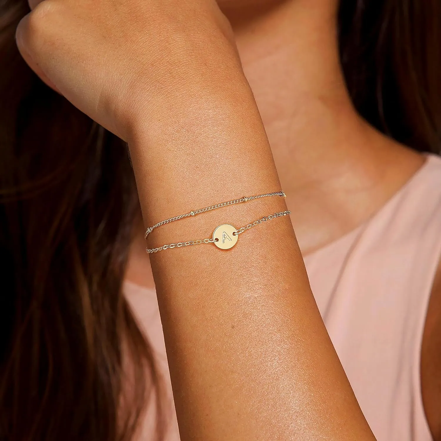 MONOZO Gold Bracelets for Women Jewelry Gifts - Dainty 18K Real Gold Plated Disc Monogram Letter A-Z Initial Bracelets for Women Trendy Personalized Letter Bracelet Jewelry Gifts for Her