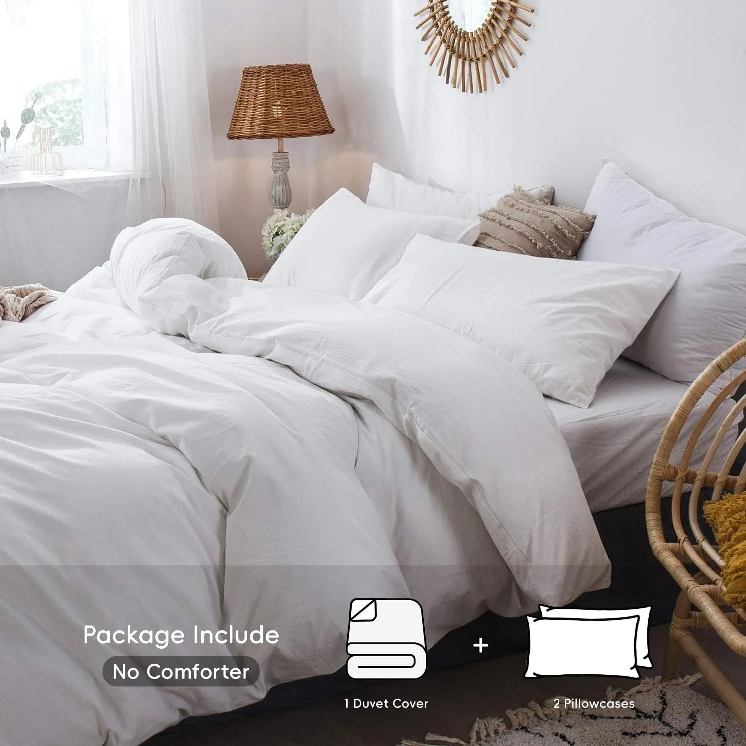 MooMee Bedding Duvet Cover Set 100% Washed Cotton Linen Like Textured Breathable Durable Soft Comfy (Solid Off White, Queen 90"x90")