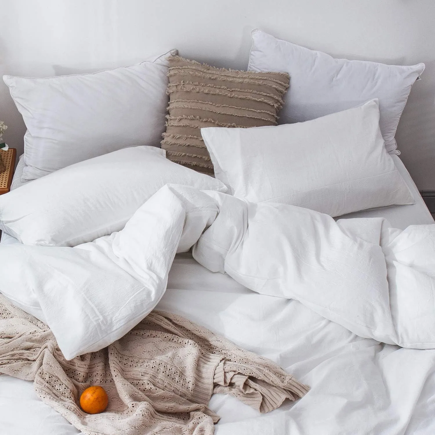 MooMee Bedding Duvet Cover Set 100% Washed Cotton Linen Like Textured Breathable Durable Soft Comfy (Solid Off White, Queen 90"x90")