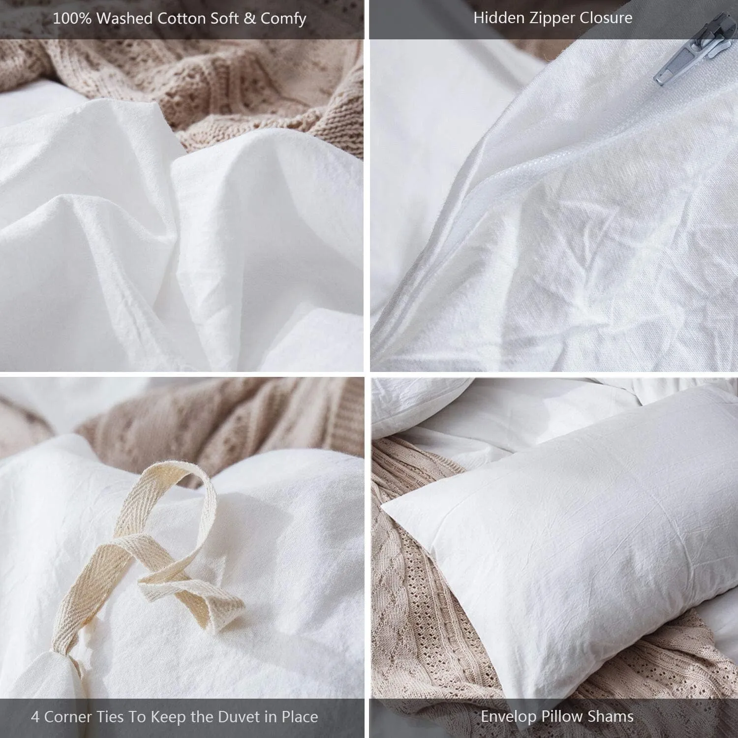 MooMee Bedding Duvet Cover Set 100% Washed Cotton Linen Like Textured Breathable Durable Soft Comfy (Solid Off White, Queen 90"x90")