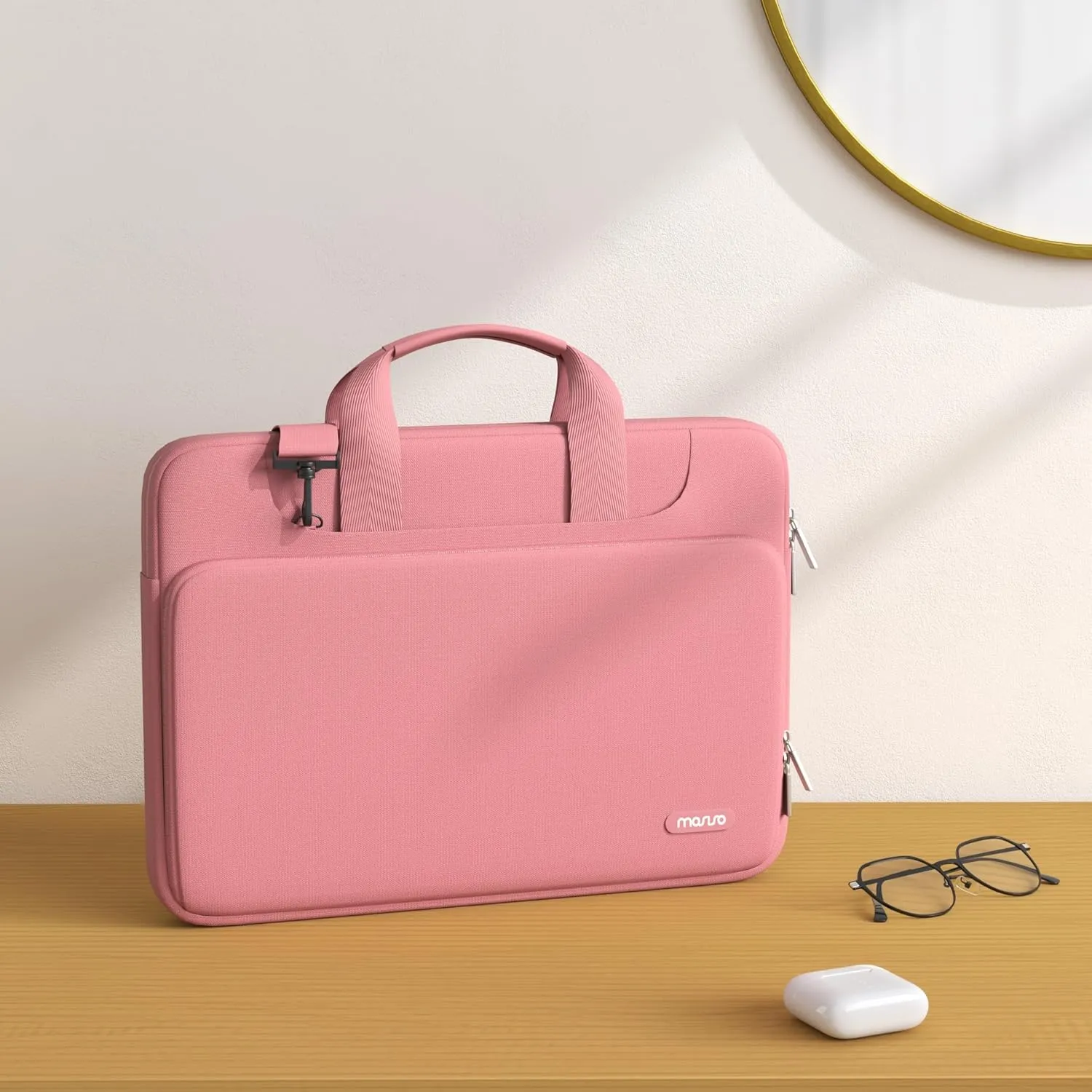 MOSISO 360 Protective Laptop Shoulder Bag Compatible with MacBook Air 15 M4 A3241 M3 A3114 M2 A2941/Pro 16 inch M4 M3 M2 M1, 15-15.6 inch Notebook,Matching Color Sleeve with Belt, Dusty Rose